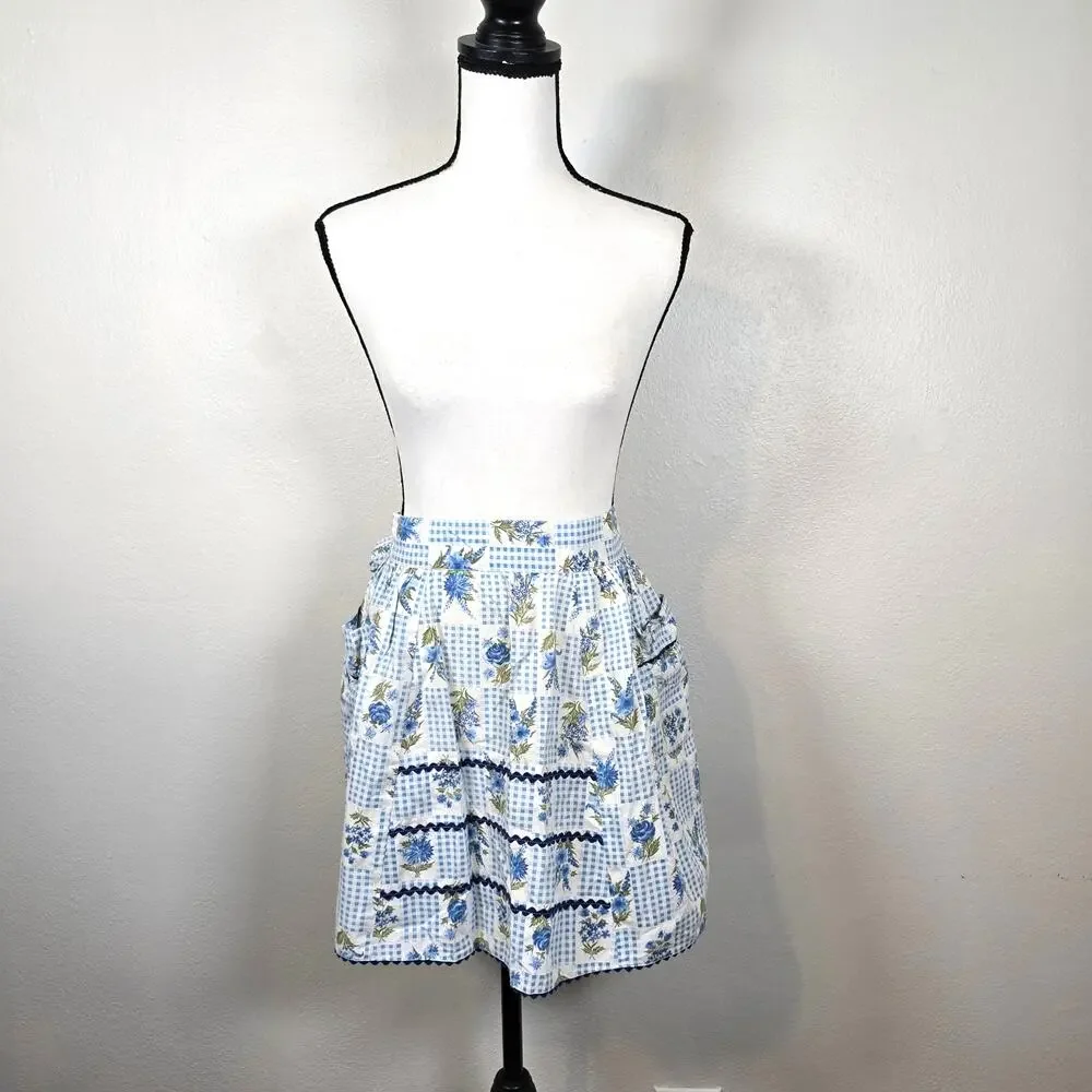 Vintage Half Apron Blue Gingham Floral Patchwork Tie Back Classic 60s 50s Retro